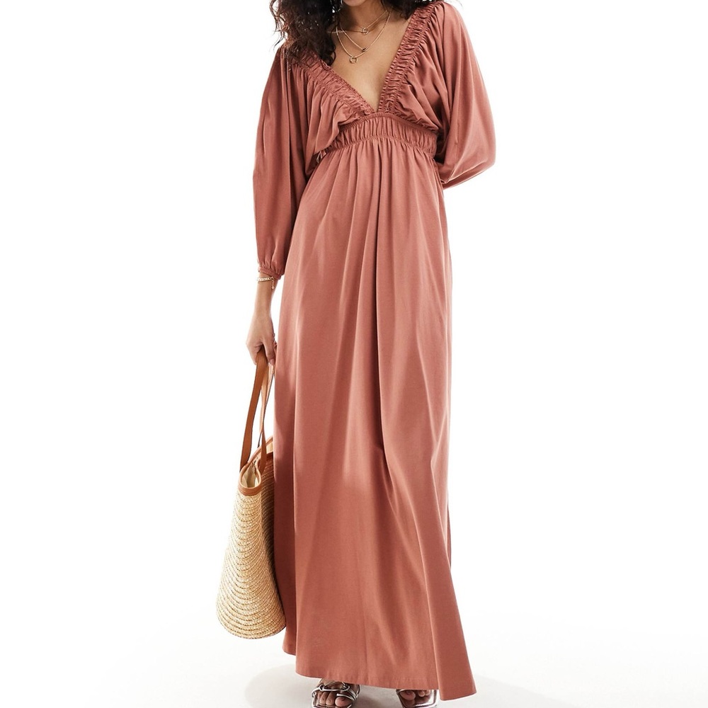 ASOS DESIGN Apricot Rust Pleated Cotton Maxi Dress with Pleated Waist | Size 8